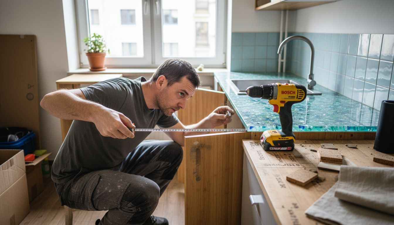 Montażysta instalujący bambusowe szafki z elementami z recyklingowanego szkła