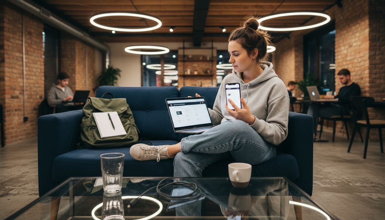 Osoba sprawdza, jak strona internetowa wygląda i działa na różnych urządzeniach.