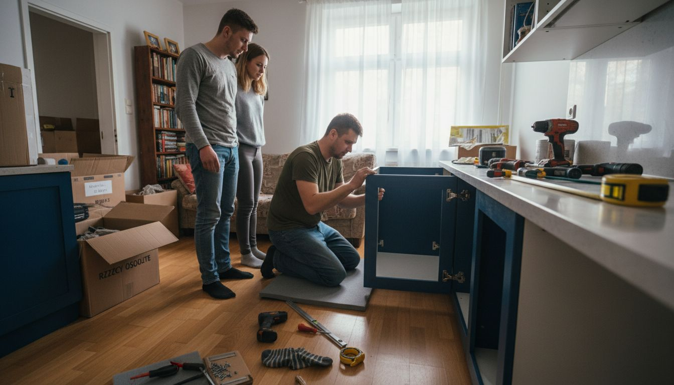 Para z zaciekawieniem obserwuje montaż zamawianych szafek.