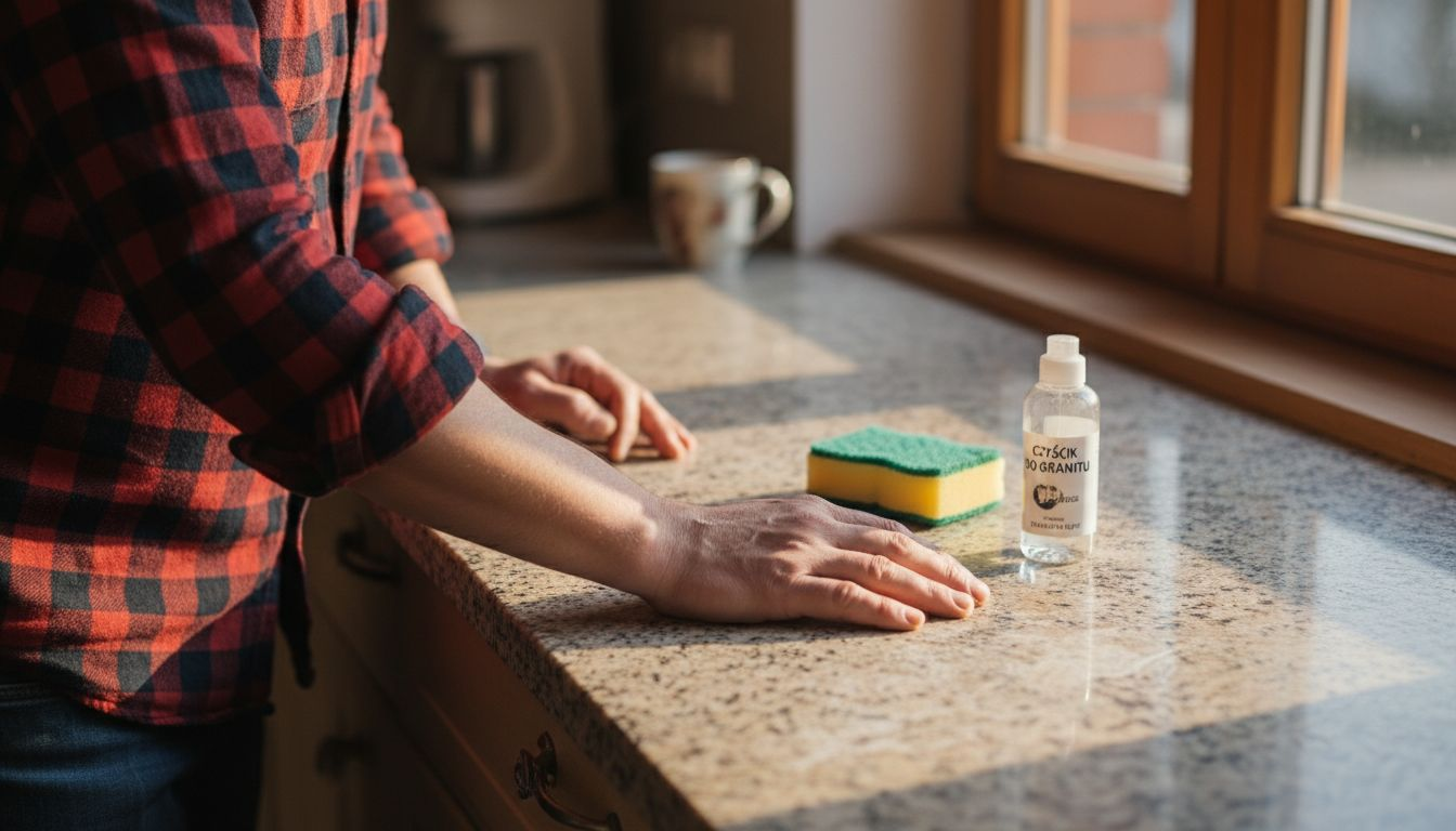 Mężczyzna dokładnie ogląda blat z granitu, sprawdzając jego powierzchnię pod kątem ewentualnych niedoskonałości.