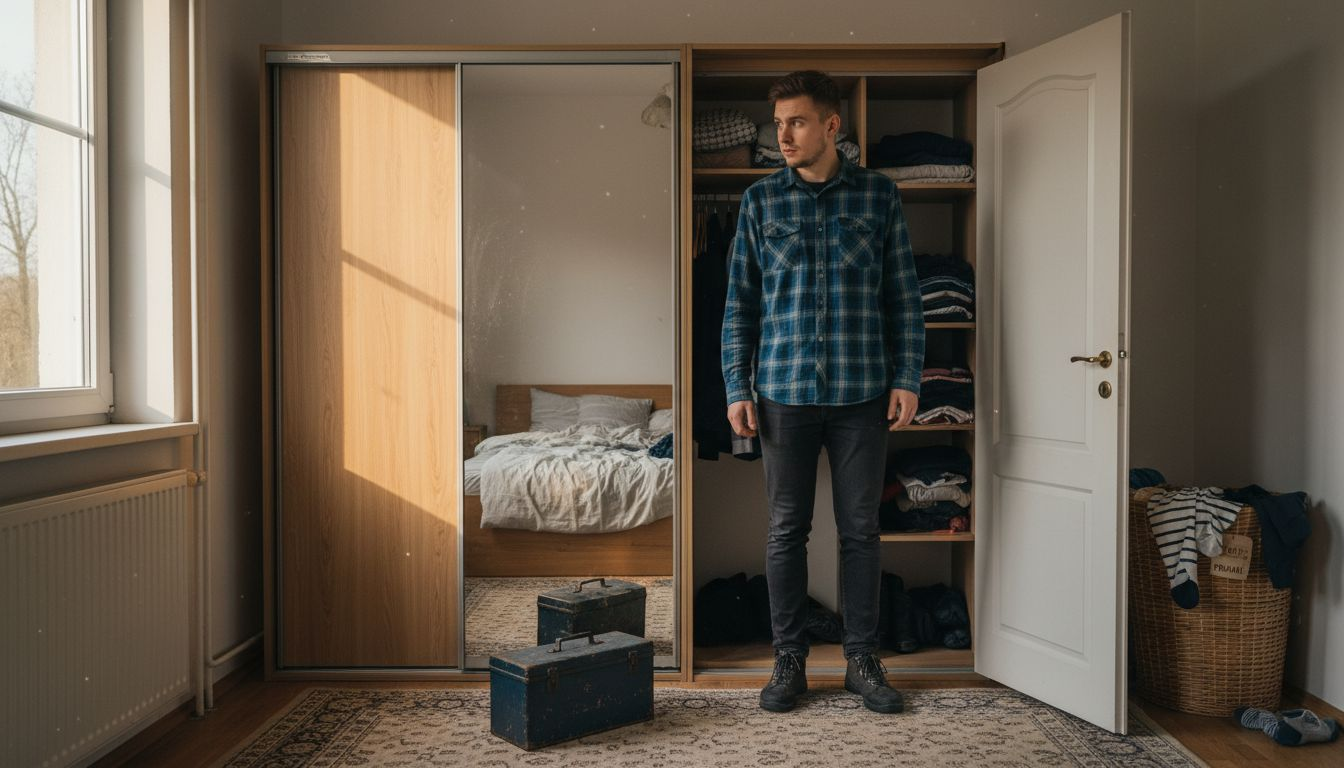 Mężczyzna zastanawia się, które drzwi do szafy wybrać: przesuwne czy tradycyjnie otwierane na zawiasach.
