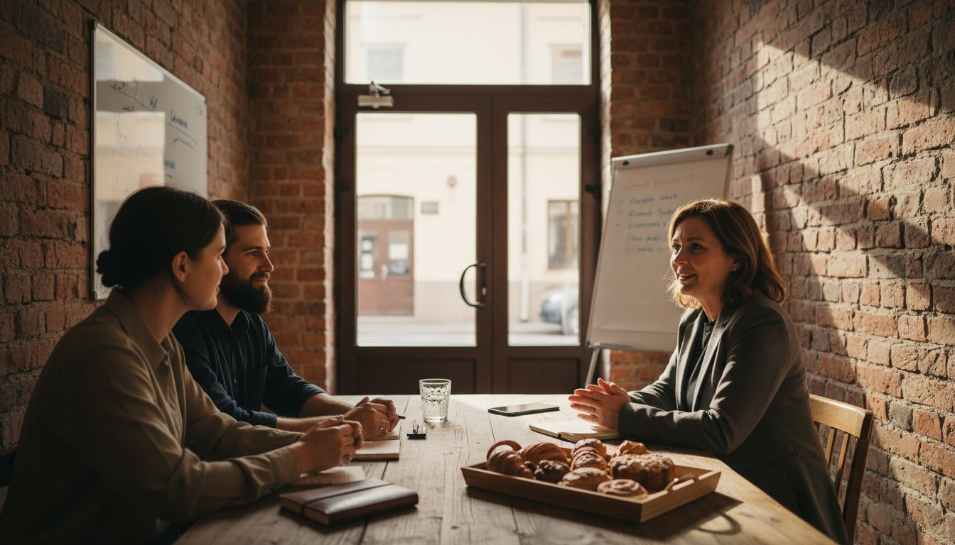 Właściciele małych firm rozmawiają o możliwościach współpracy i nawiązywaniu lokalnych kontaktów.