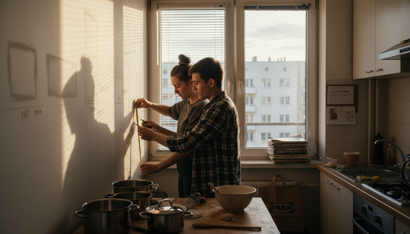 Para wspólnie mierzy ściany w kuchni, planując remont.