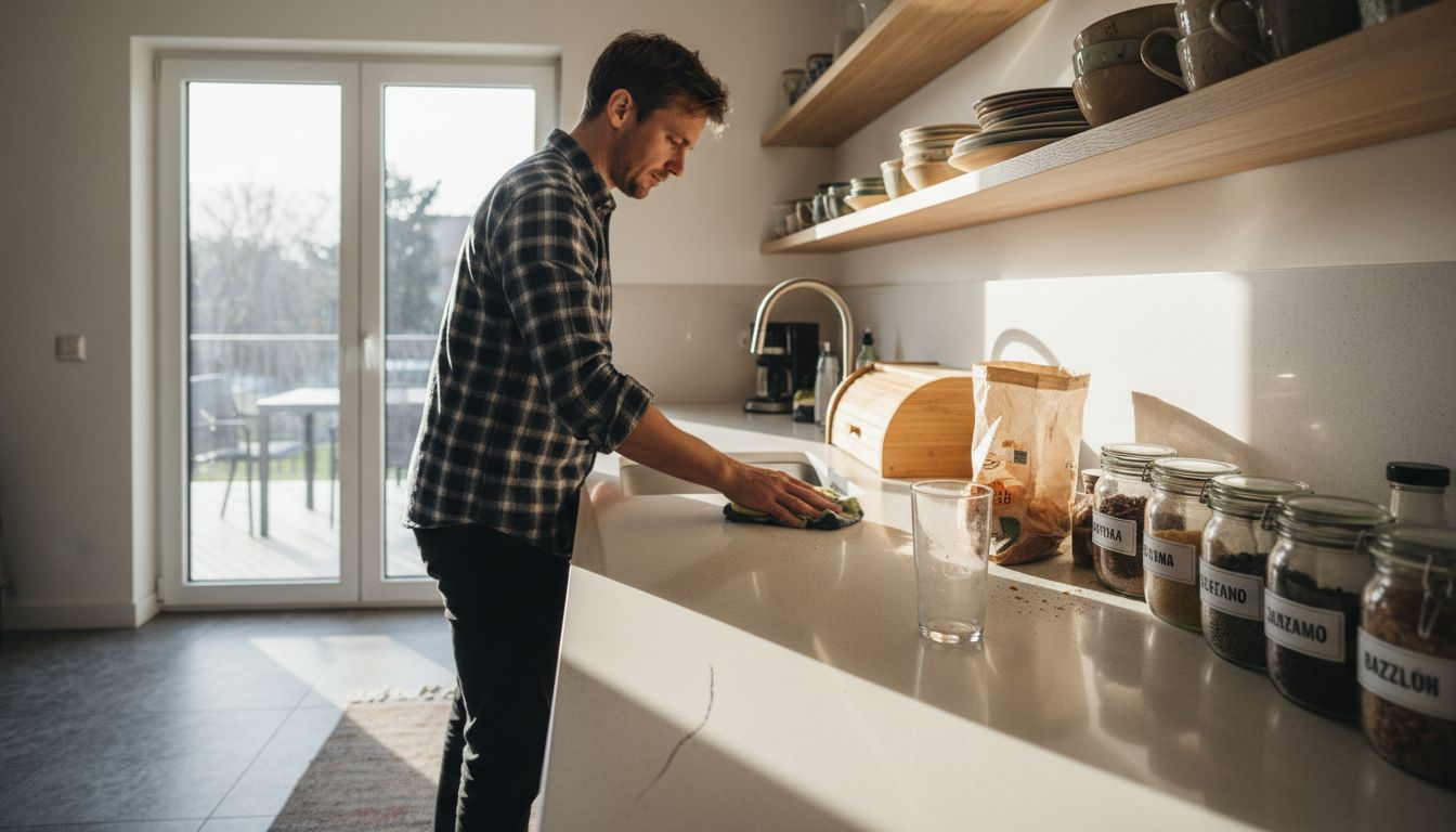 Mężczyzna dokładnie czyści blat kuchenny wykonany na zamówienie.