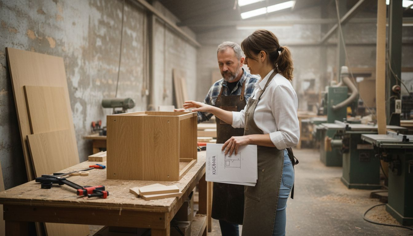 Projektant wnętrz wspólnie ze stolarzem analizują szczegóły nowego zestawu mebli.