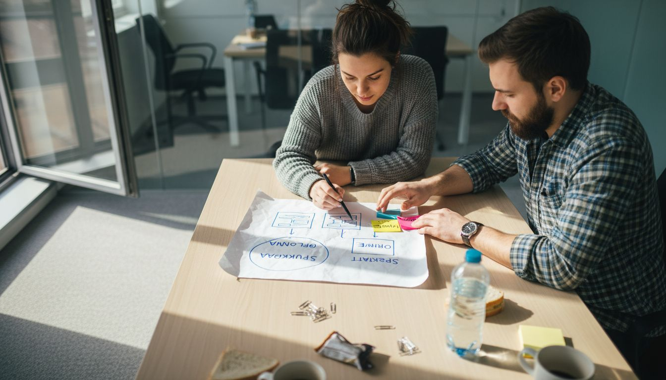 Zespół wspólnie analizuje ręcznie naszkicowany projekt strony internetowej.