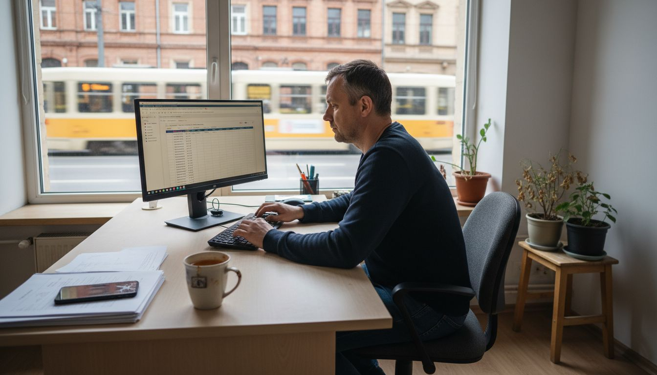 Mężczyzna pracuje nad edycją meta tytułów w swoim domowym biurze.