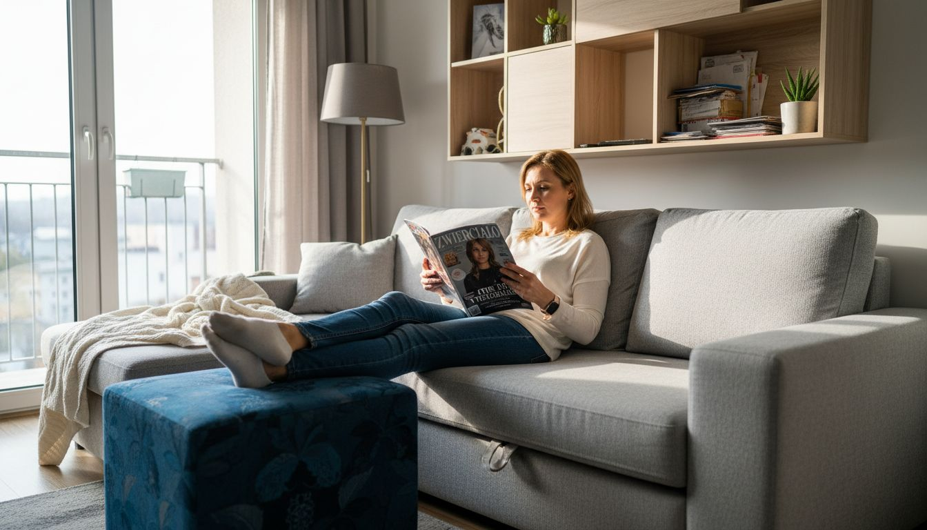 Kobieta wygodnie rozsiadła się na narożniku i zaczytała w magazynie.