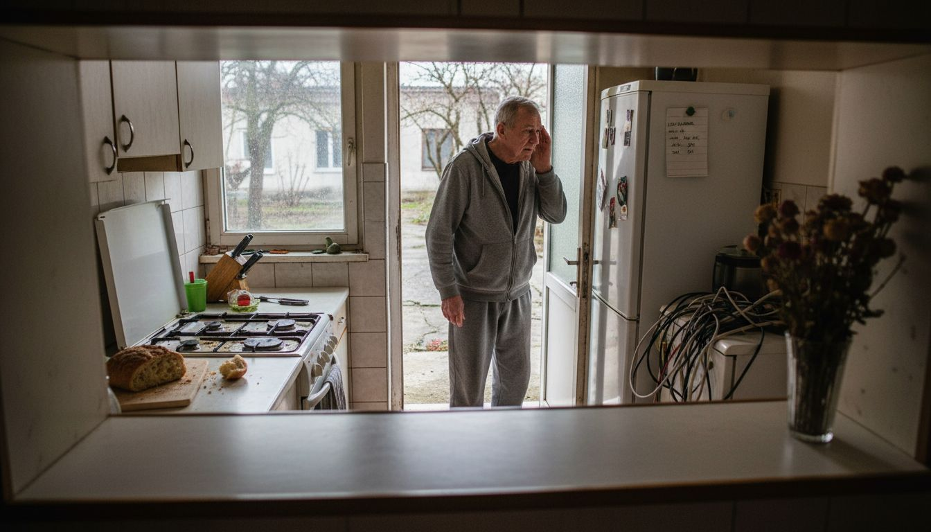 Starszy pan zagląda do zamkniętej kuchni, żeby sprawdzić, czy wszystko jest w porządku.