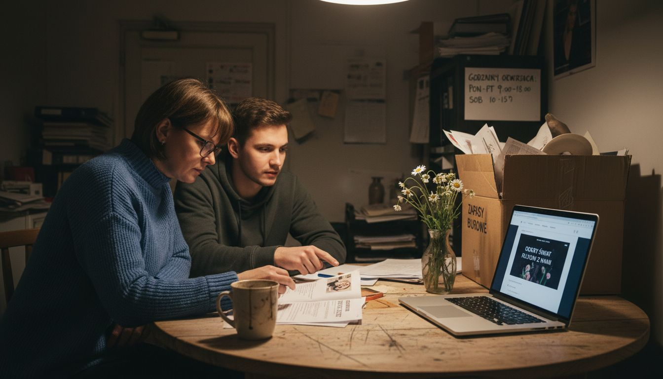 Właściciel małej firmy analizuje zalecenia dotyczące pozycjonowania swojej strony internetowej.