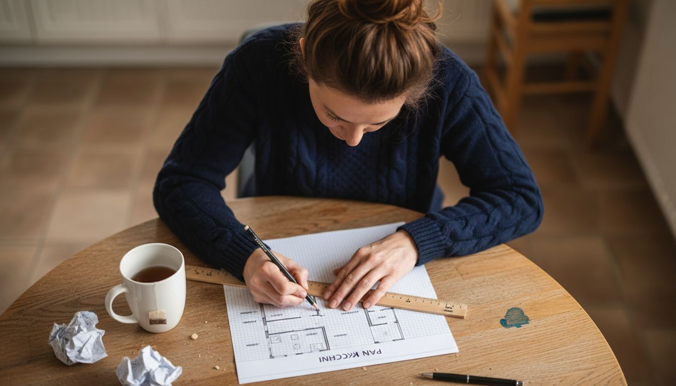 Kobieta szkicuje odręczny plan swojej kuchni