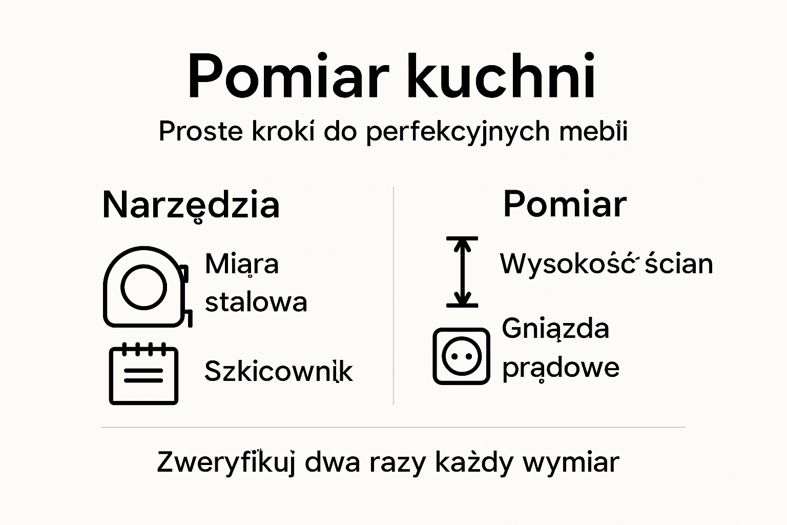 Grafika przedstawiająca instrukcję krok po kroku, jak prawidłowo zmierzyć kuchnię