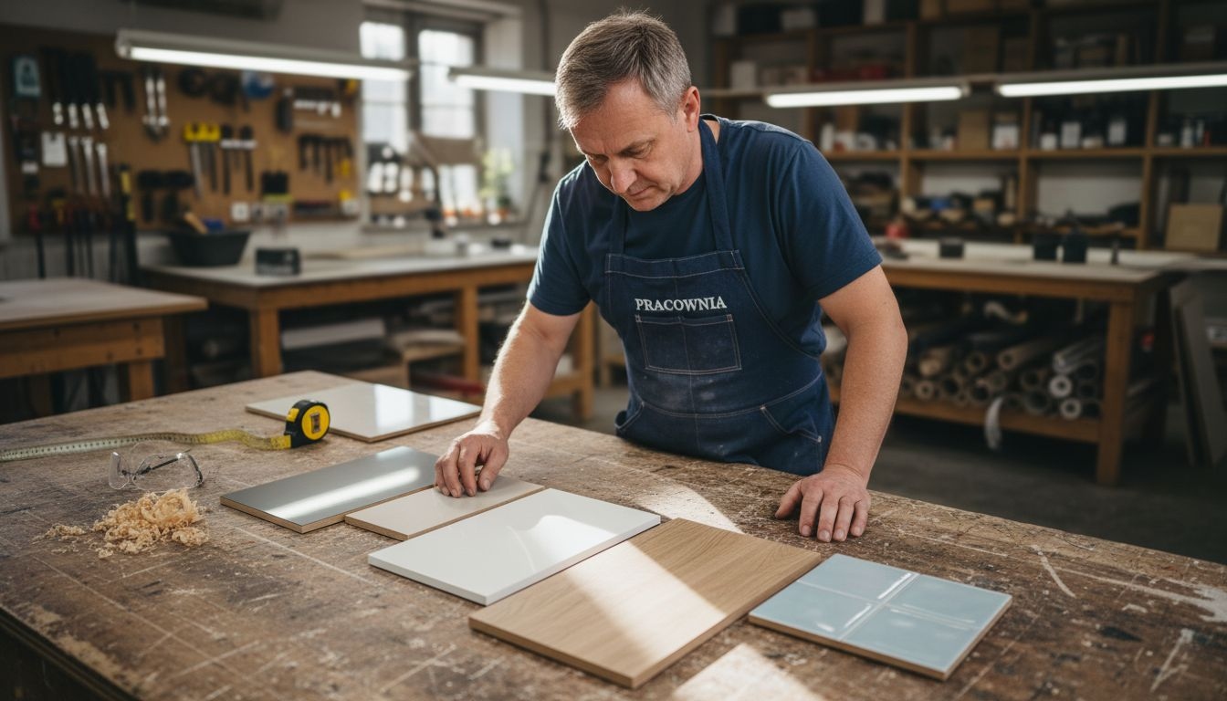 Rzemieślnik prezentujący próbki różnych stylów wykończenia kuchni
