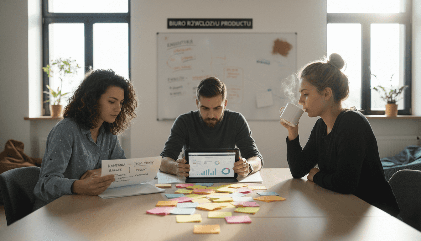 Zespół wspólnie burzy mózgów, szukając nowych pomysłów na działania w marketingu internetowym.