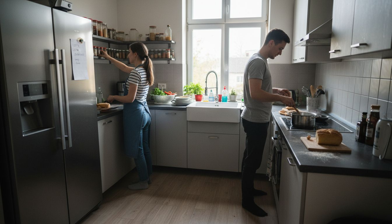 Para gotująca razem, korzystając z ergonomicznego układu kuchni opartego na trójkącie roboczym.