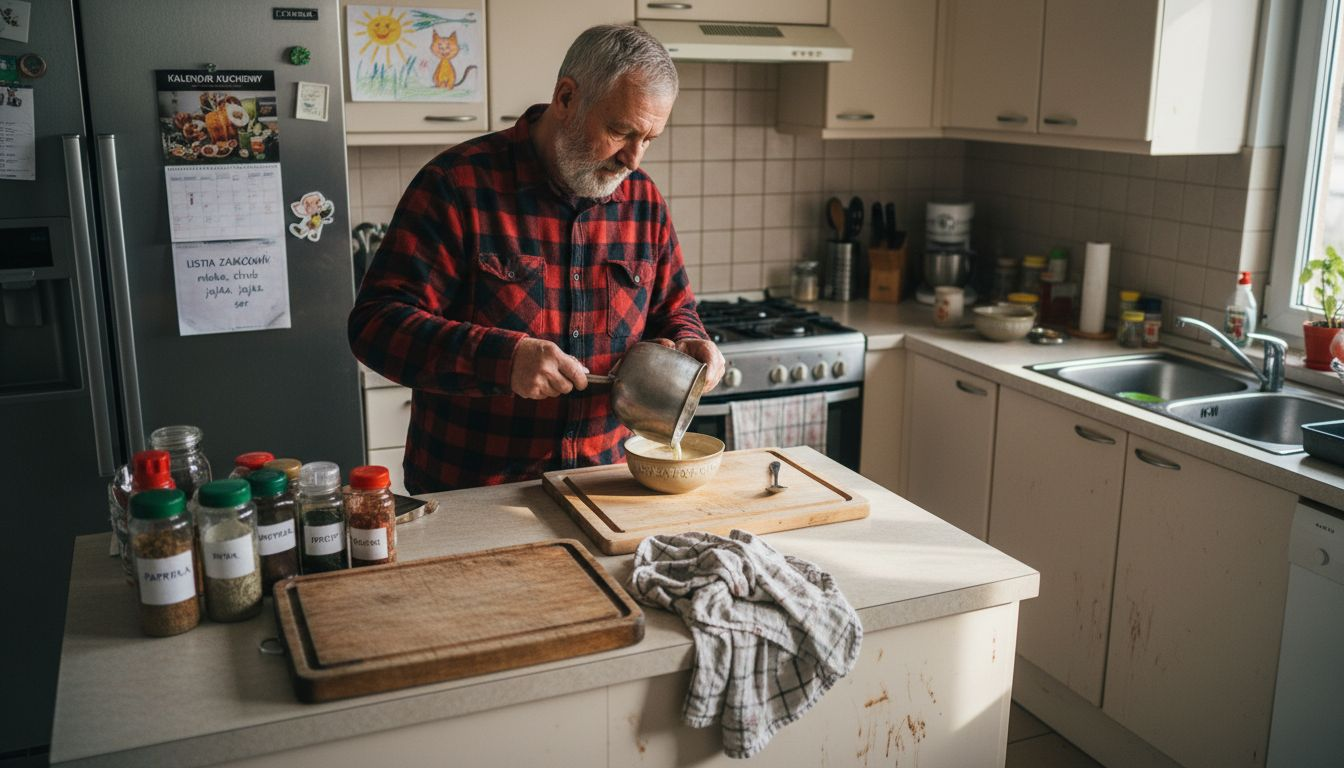 Mężczyzna planuje ergonomiczne rozmieszczenie stref roboczych w kuchni, tworząc tzw. trójkąt roboczy.