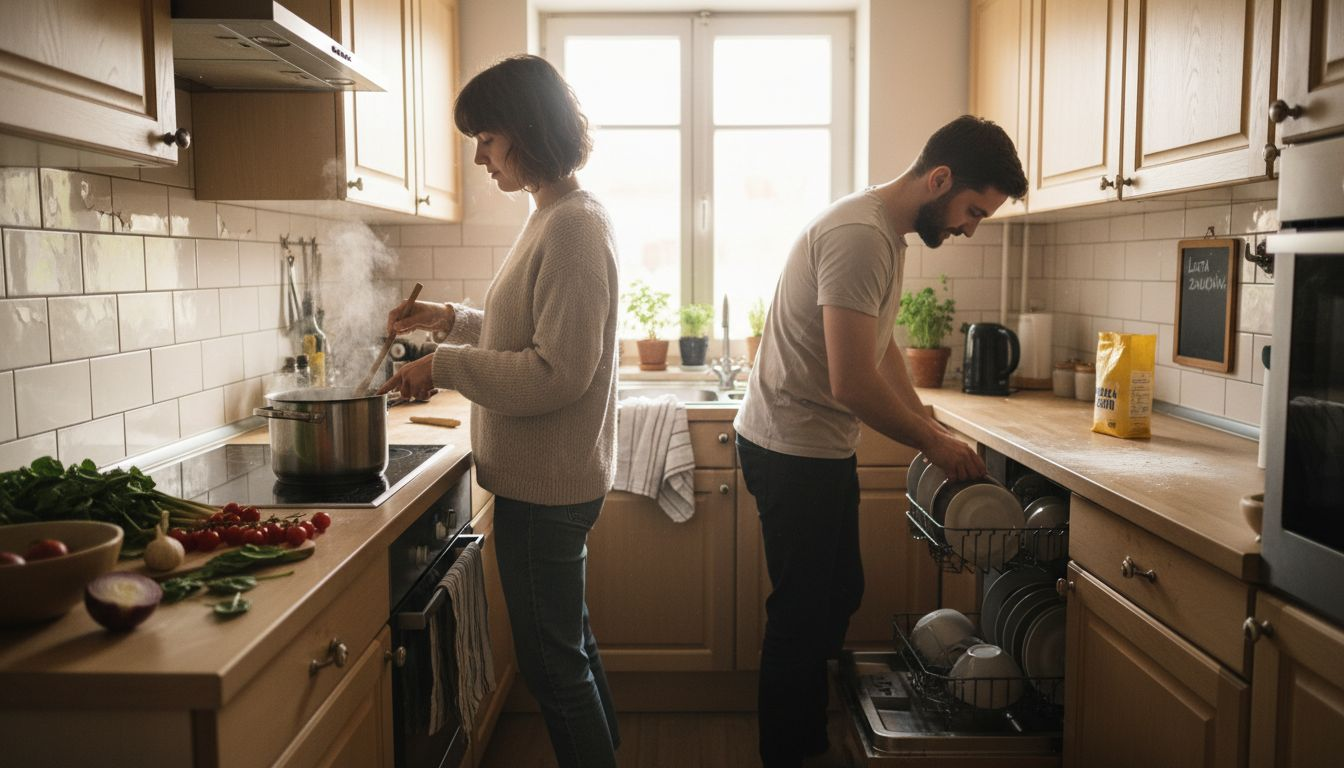 Para wspólnie przygotowuje posiłek w kuchni z zabudową w kształcie litery L.