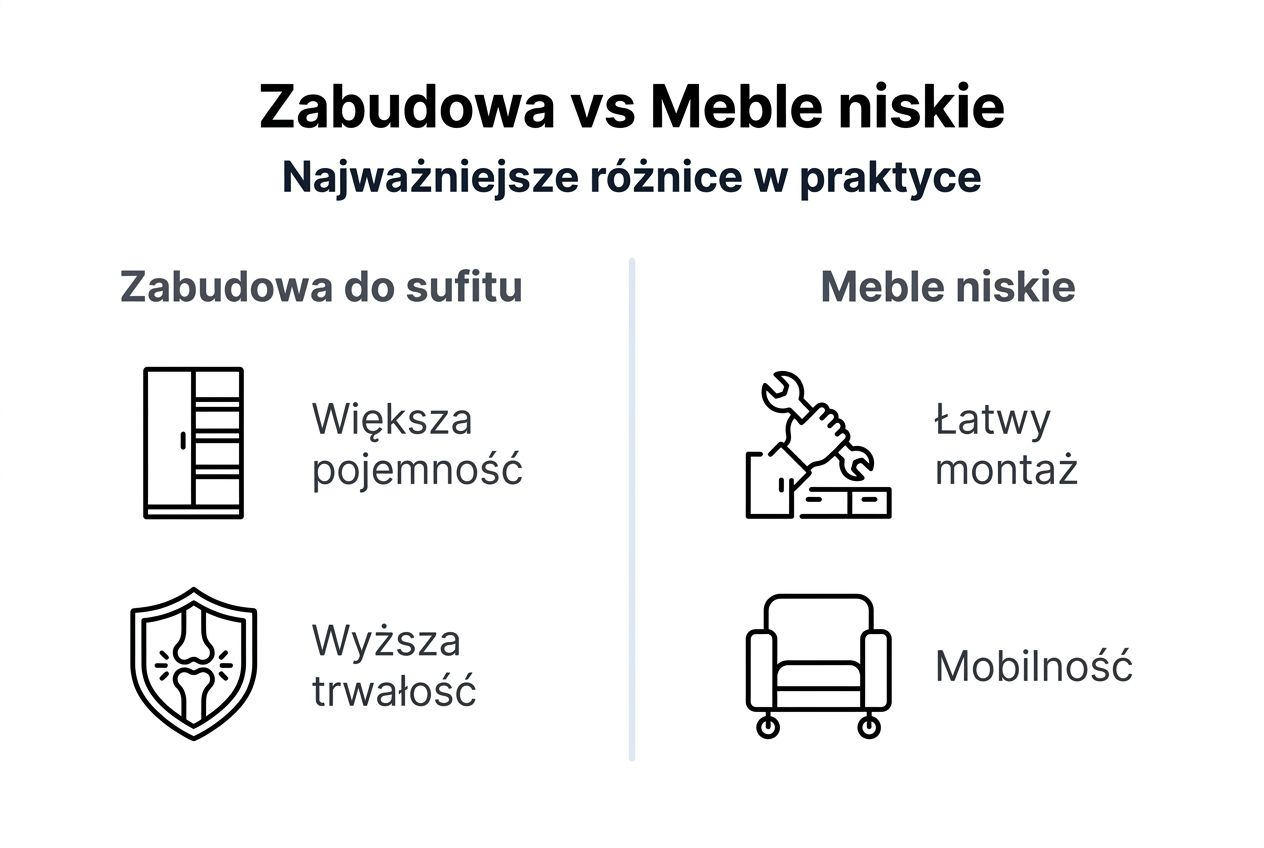 Infografika: porównanie mebli w zabudowie i niskich mebli