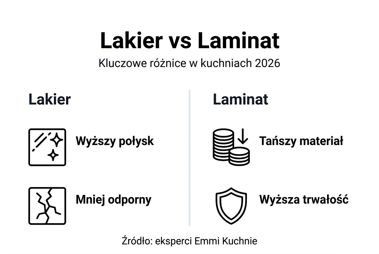Porównanie frontów kuchennych: lakier czy laminat? Praktyczna infografika z najważniejszymi różnicami.