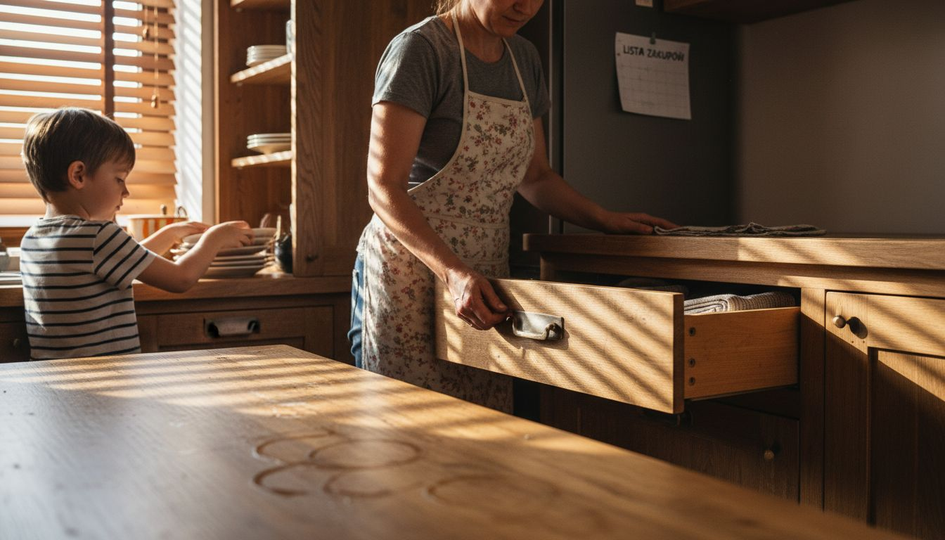 Kobieta korzystająca z solidnych, drewnianych mebli kuchennych