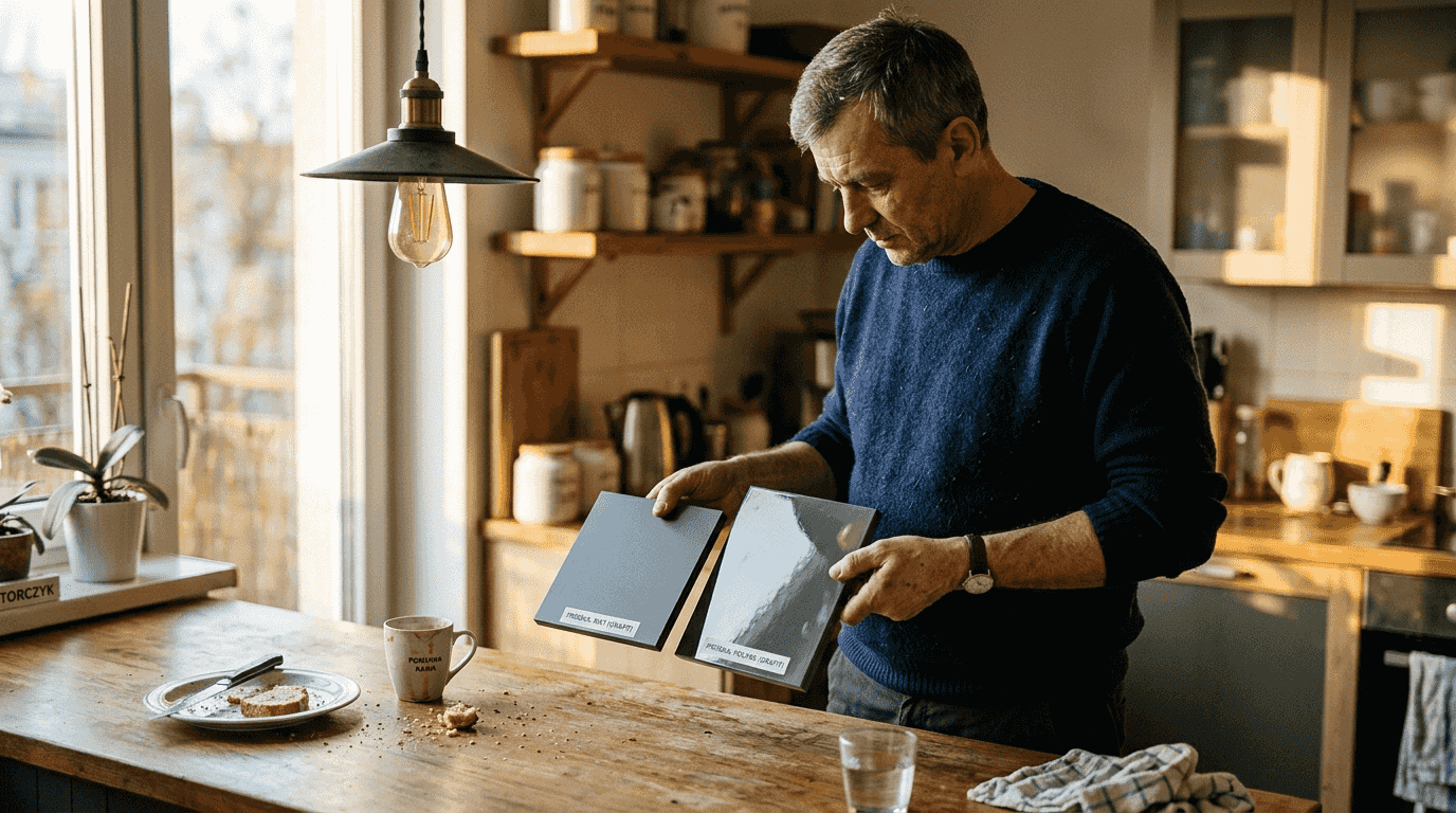Mężczyzna sprawdza, z czego wykonane są fronty kuchennych szafek