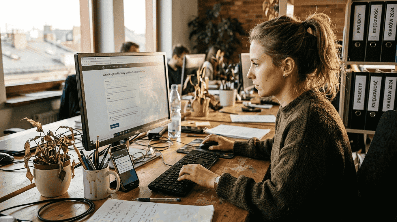 Osoba pracująca w coworkingu aktualizuje profil swojej firmy.