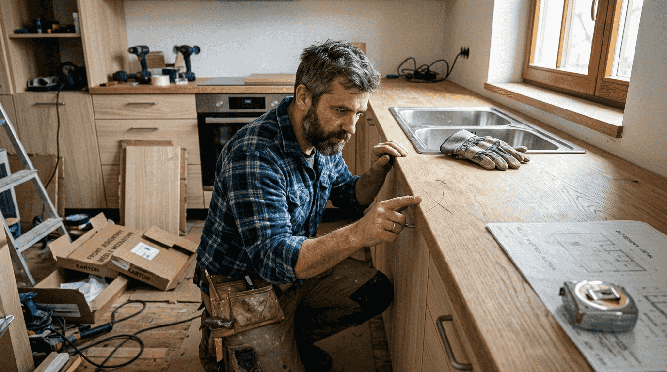Stolarz dokładnie ogląda blat kuchenny z dębu, upewniając się, że wszystko jest wykonane perfekcyjnie.