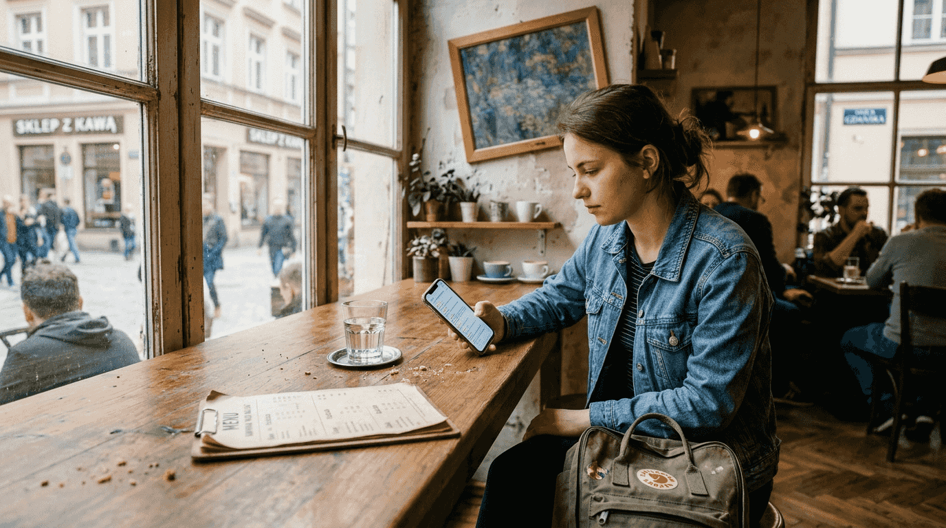 Klientka sprawdza opinie o firmie na swoim smartfonie.