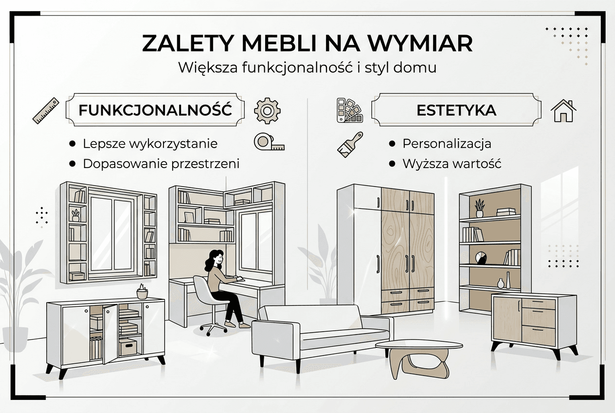 Infografika przedstawiająca korzyści wynikające z wyboru mebli robionych na zamówienie