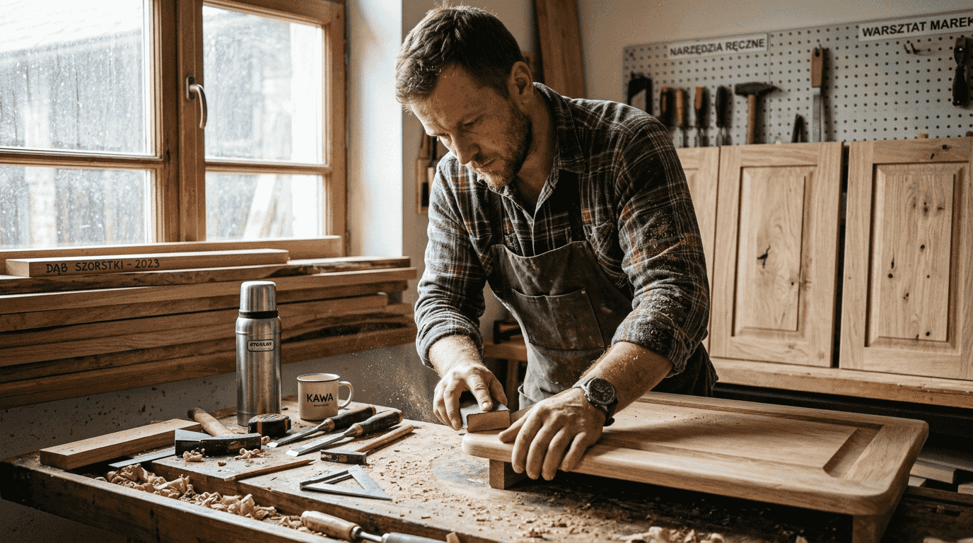 Stolarz starannie szlifuje drewnianą szafkę kuchenną, dbając o każdy detal.
