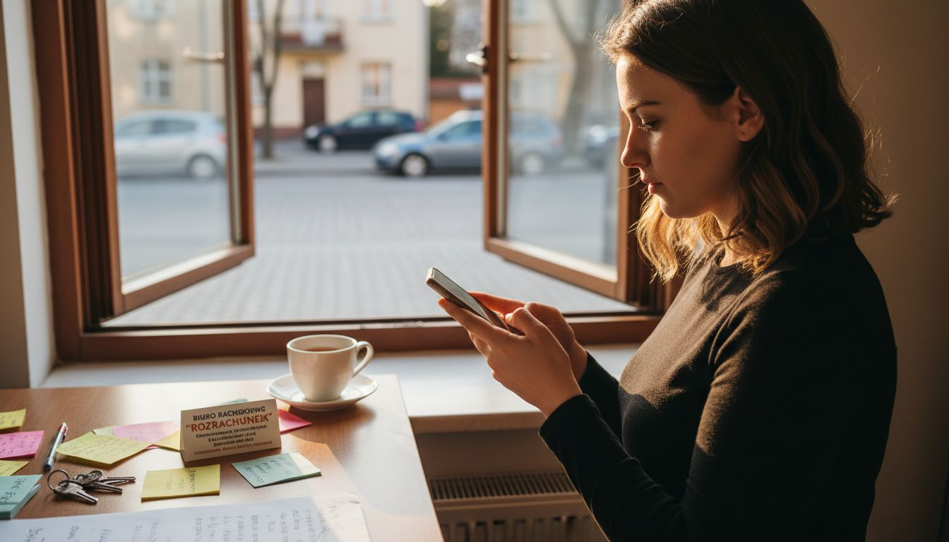 Przy biurku pełnym papierów i rozrzuconych rzeczy, kobieta zerka na swój telefon.