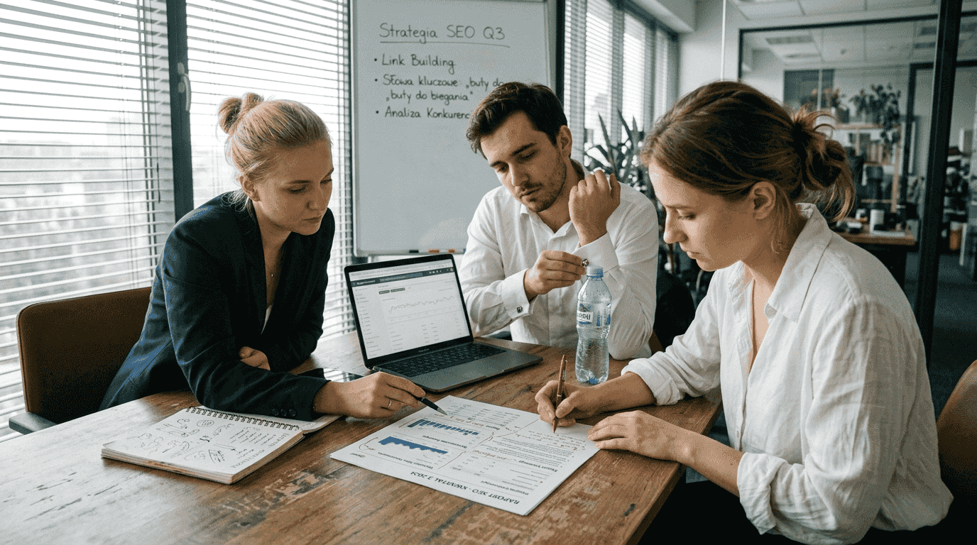 Zespół siedzi przy stole i wspólnie analizuje błędy SEO na stronie.