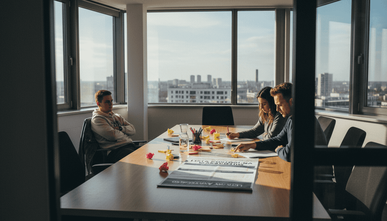 Zespół wspólnie analizuje listę zadań marketingowych