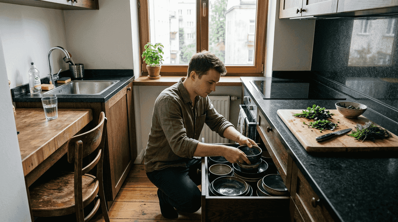 Osoba układająca naczynia w swojej wymarzonej, indywidualnie zaprojektowanej kuchni.