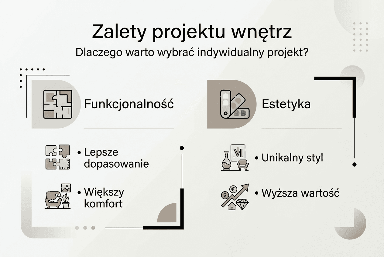 Infografika pokazująca, dlaczego warto postawić na indywidualny projekt wnętrza – najważniejsze korzyści i przewagi takiego rozwiązania.