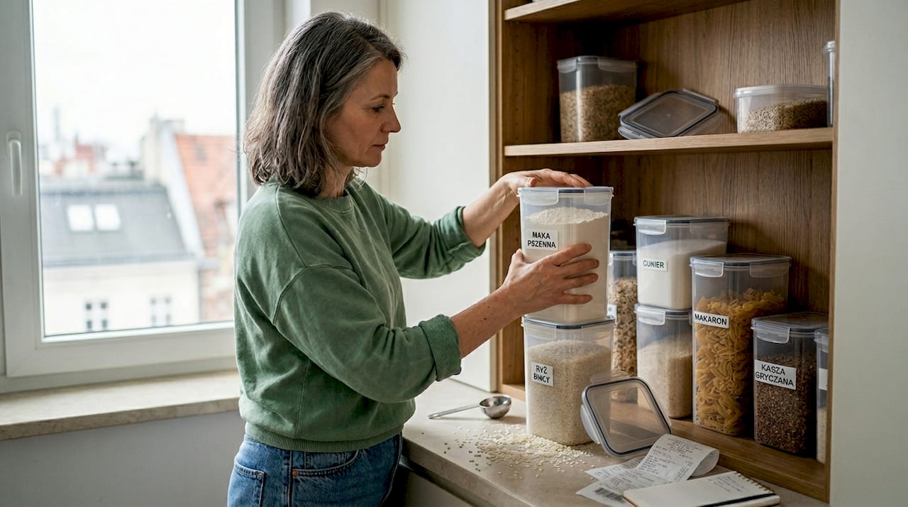 Układanie pojemników na jedzenie w kuchni w bloku