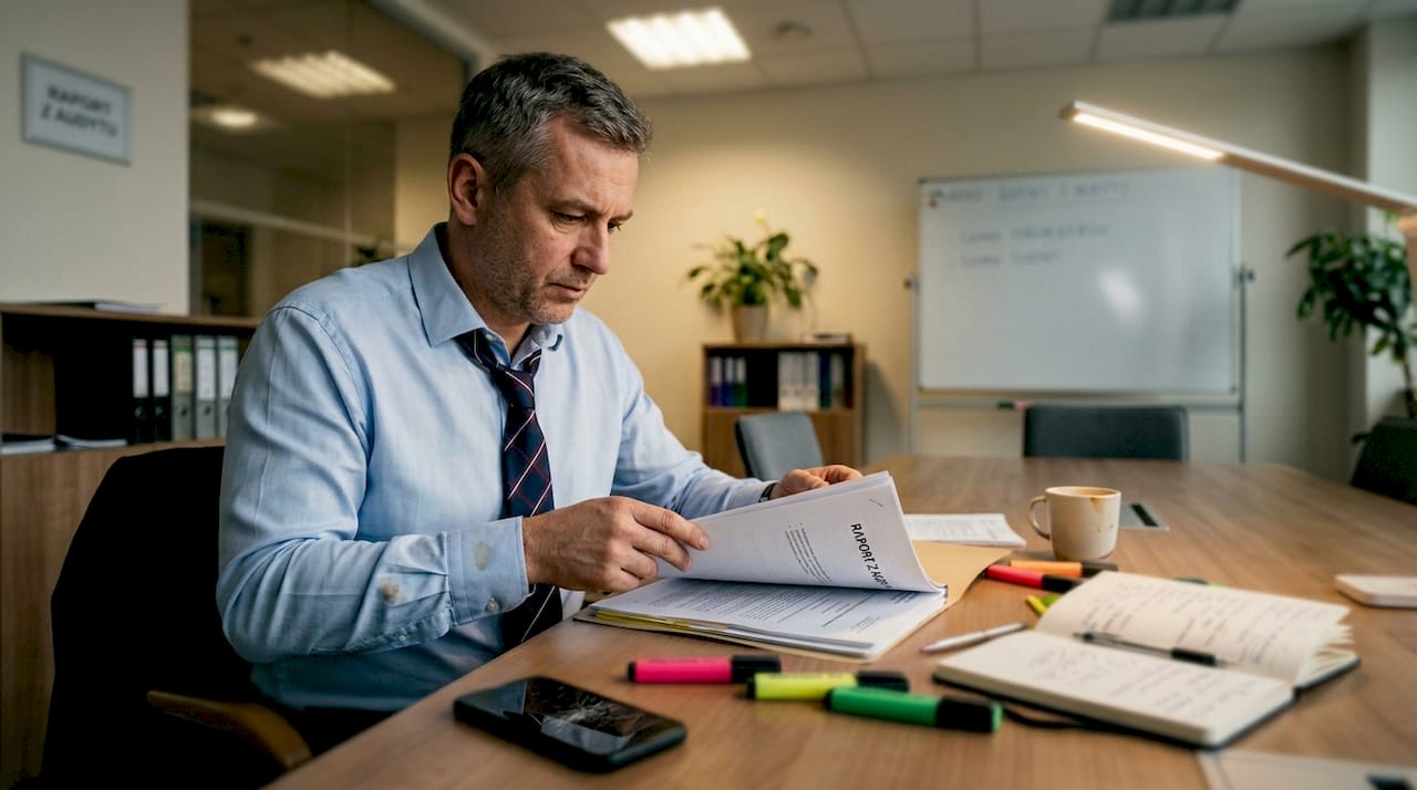 Menedżer analizuje dokumenty z audytu marketingowego