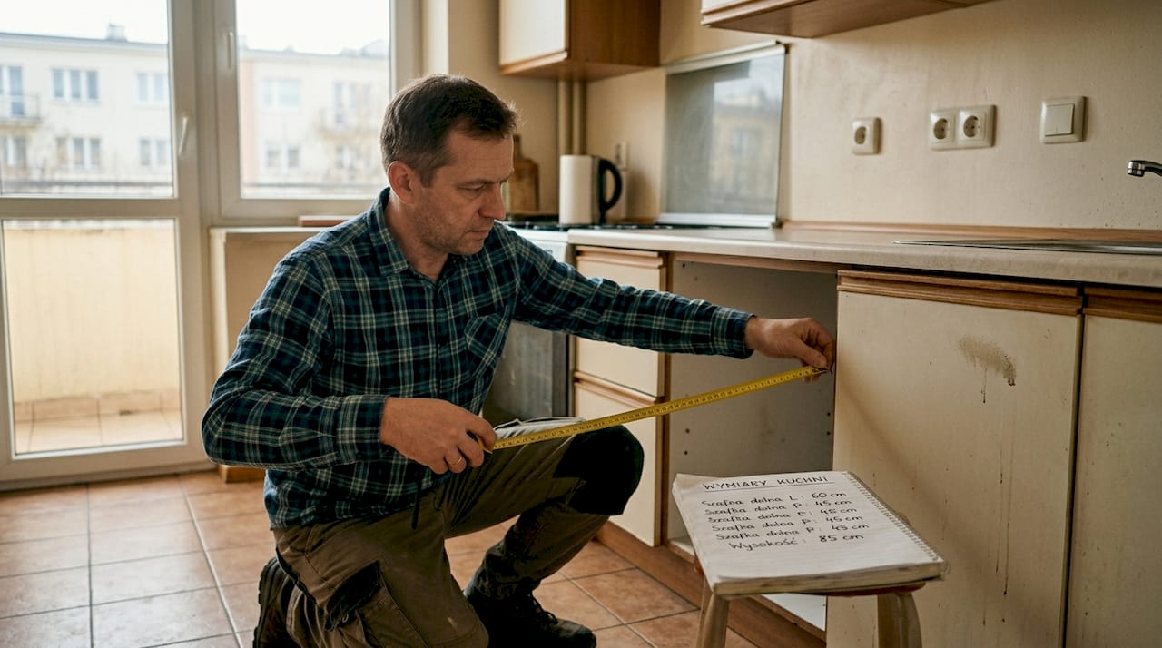Mężczyzna sprawdza szerokość szafki kuchennej za pomocą miarki.