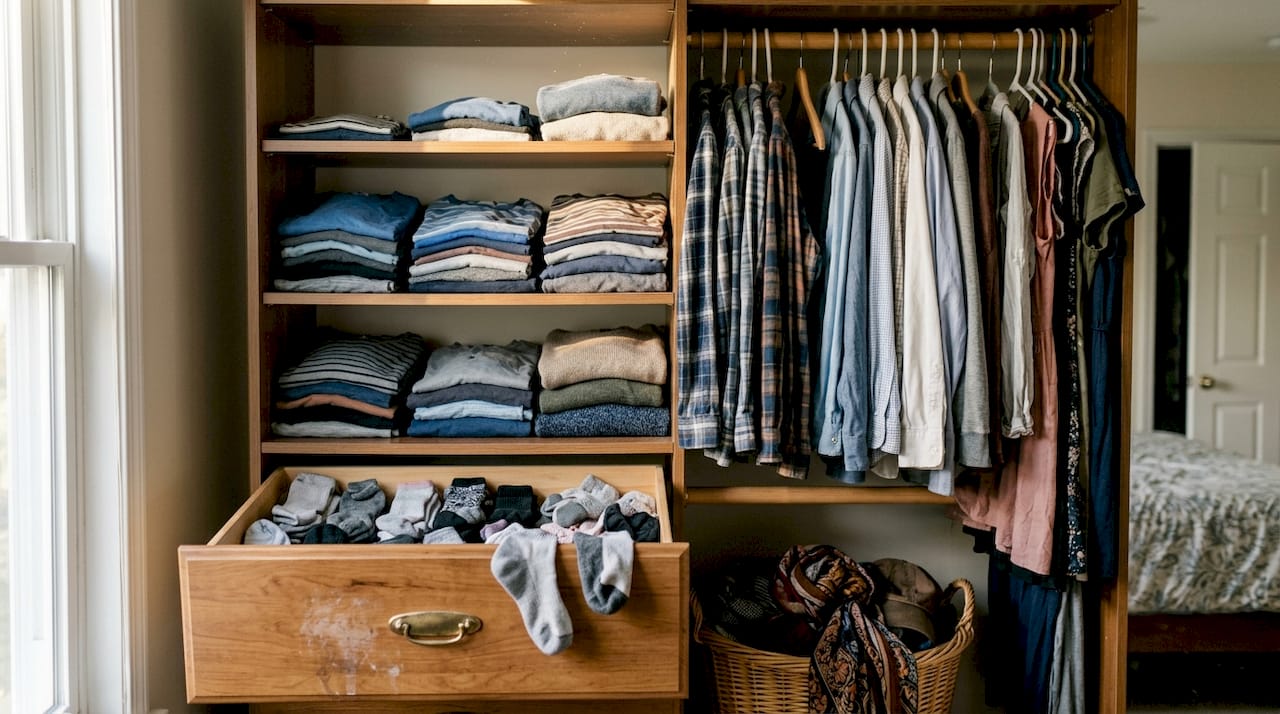 Zbliżenie na półki i szuflady w garderobie
