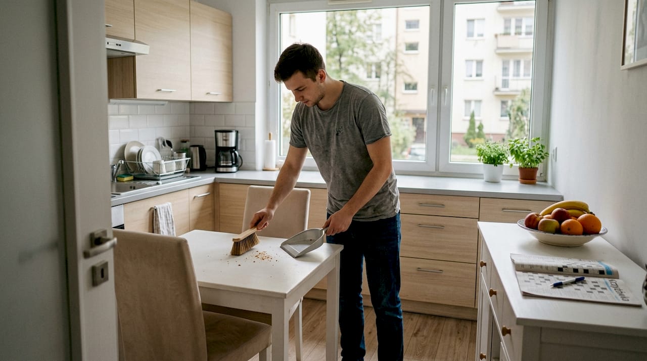 Jasna, niewielka kuchnia urządzona w pastelowych barwach i z lekkimi meblami.