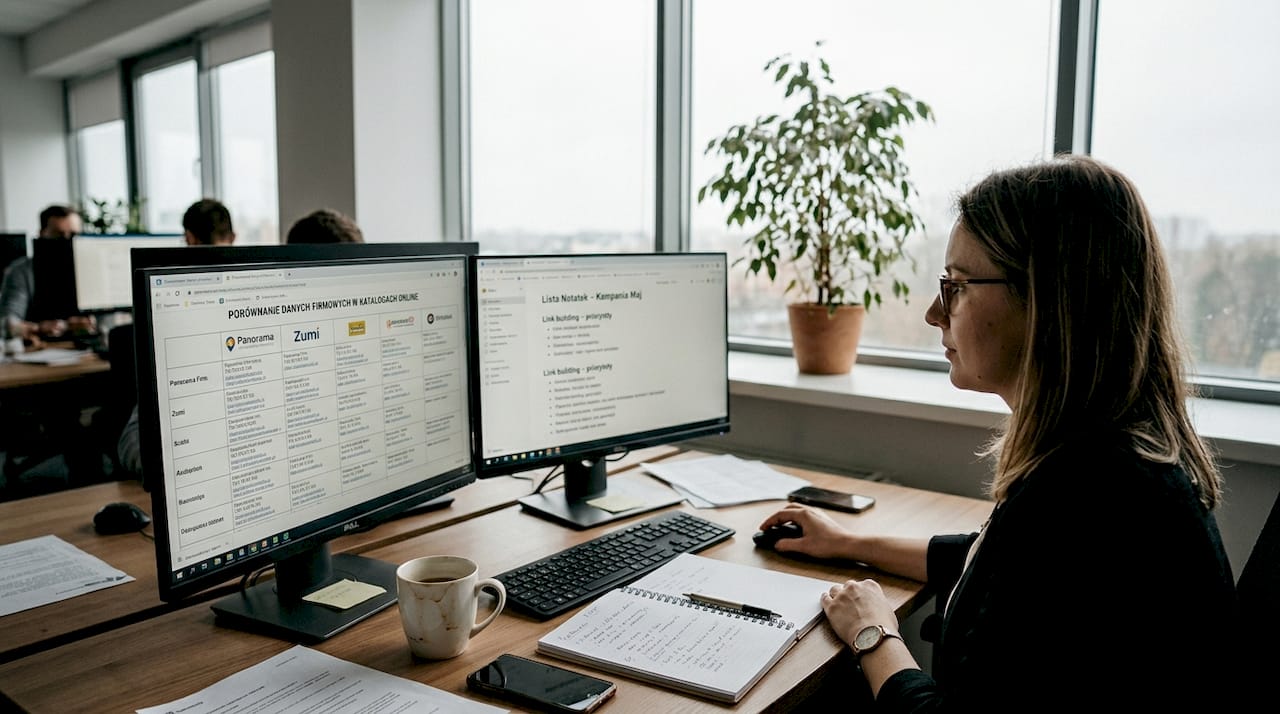 Specjalista ds. marketingu sprawdza zgodność danych firmowych NAP.