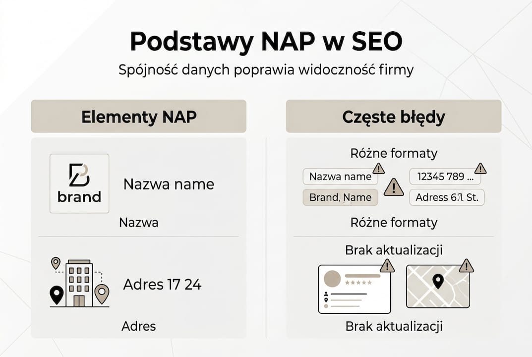 Infografika przedstawiająca, czym jest NAP i dlaczego ma kluczowe znaczenie w pozycjonowaniu stron internetowych.