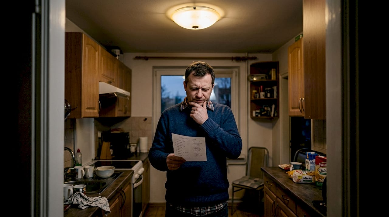 Mało wydajne, centralne oświetlenie sufitowe w kuchni, która była już użytkowana.