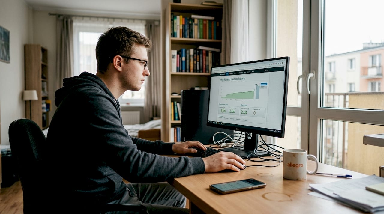 Specjalista IT usprawnia stronę internetową, pracując w swoim domowym gabinecie.