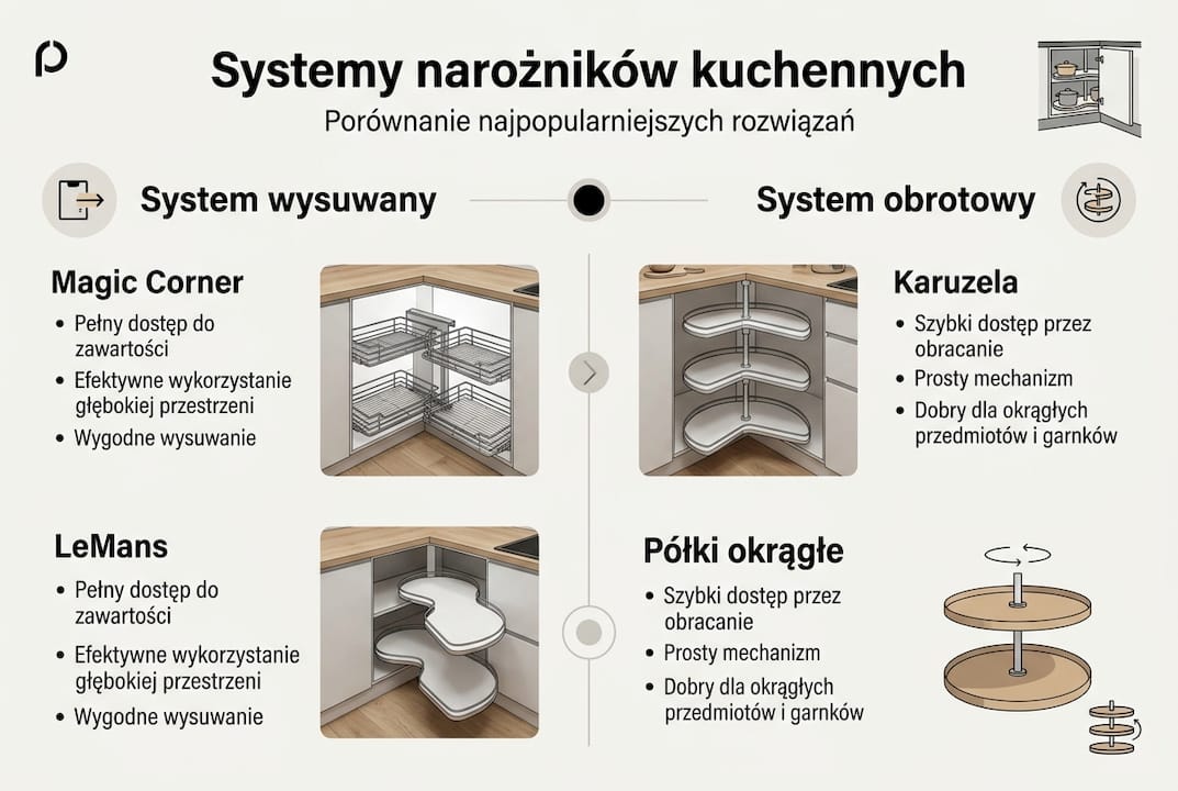 Porównanie rozwiązań do zagospodarowania narożników w kuchni – infografika