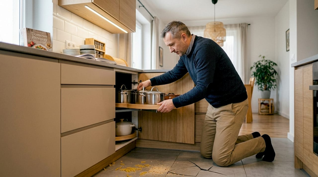 Mężczyzna kręci obrotową półką w szafce narożnej w kuchni.