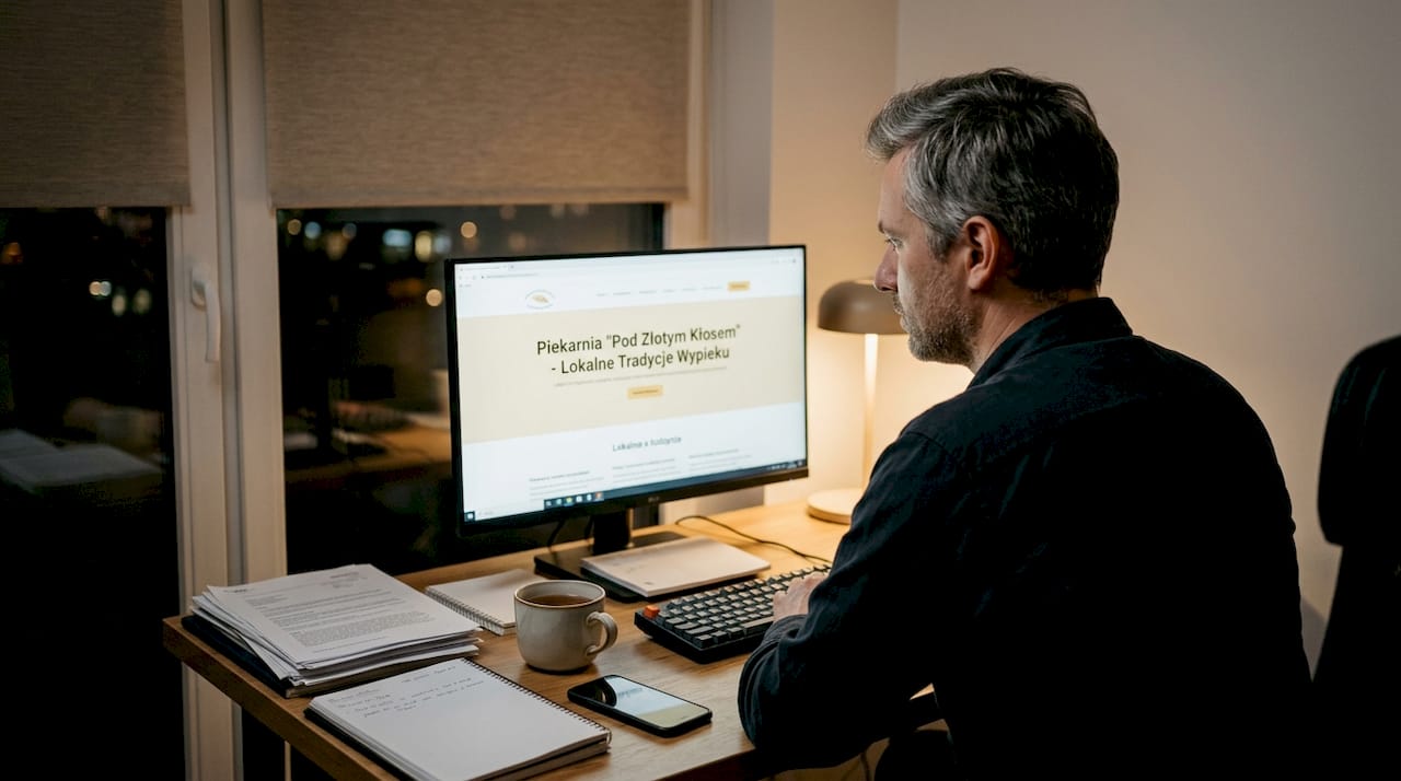 Mężczyzna ogląda stronę internetową lokalnej firmy