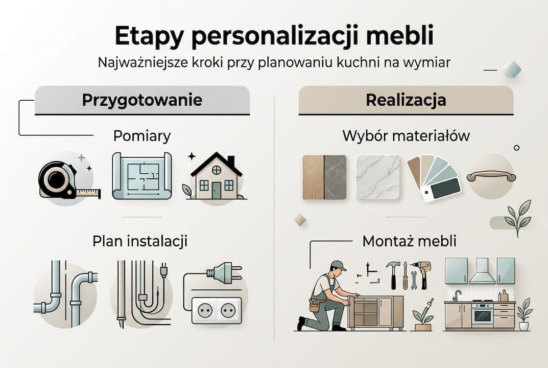 Infografika pokazująca krok po kroku, jak przebiega proces personalizacji mebli do kuchni