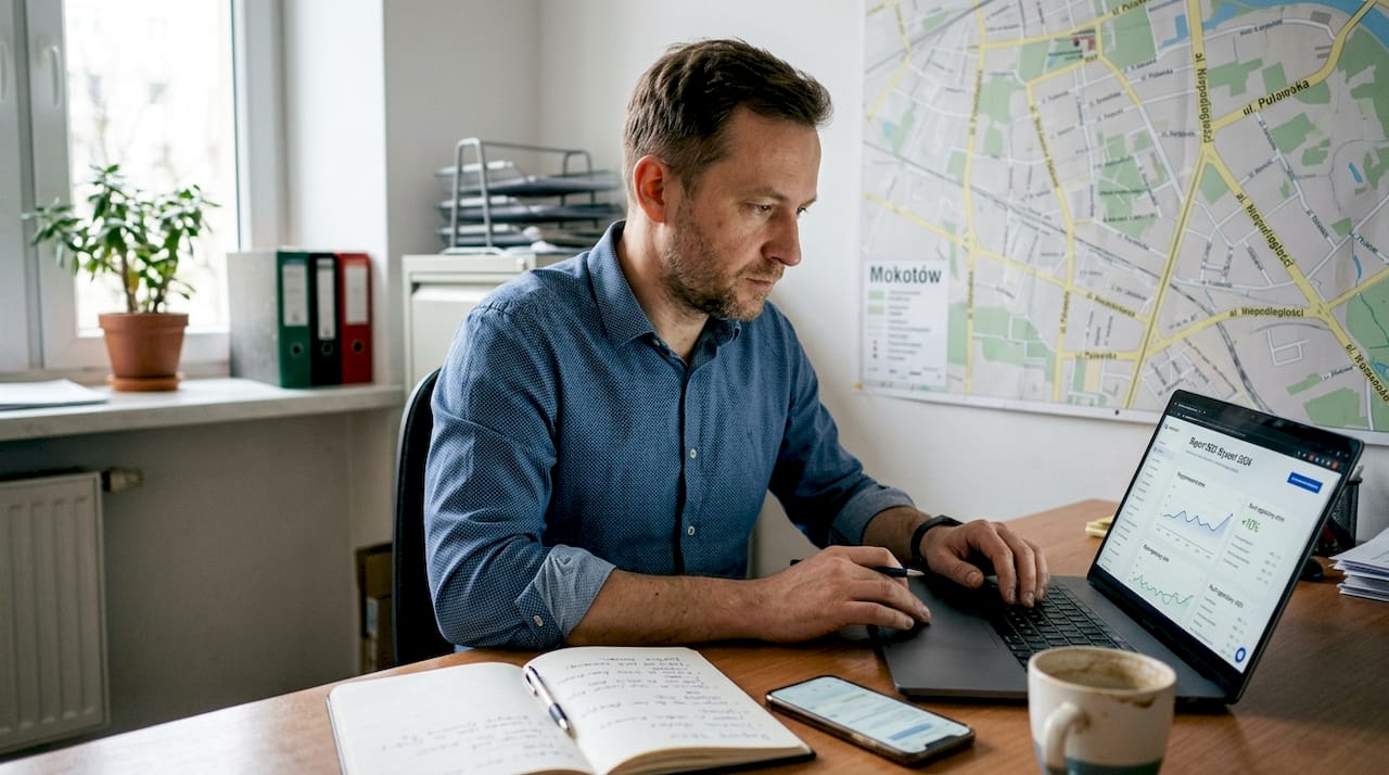 Mężczyzna analizuje lokalny raport SEO, sprawdzając wyniki i szukając możliwości poprawy widoczności firmy w internecie.