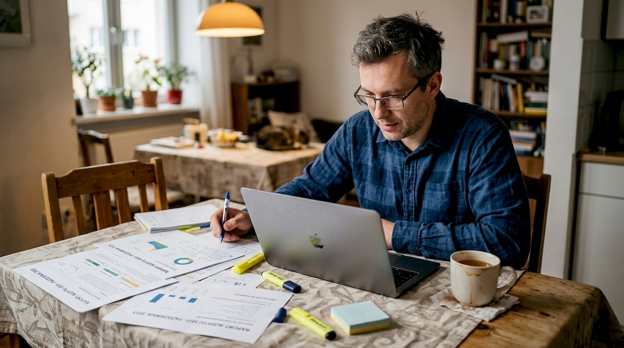 Przy stole siedzi mężczyzna, który analizuje raport SEO.